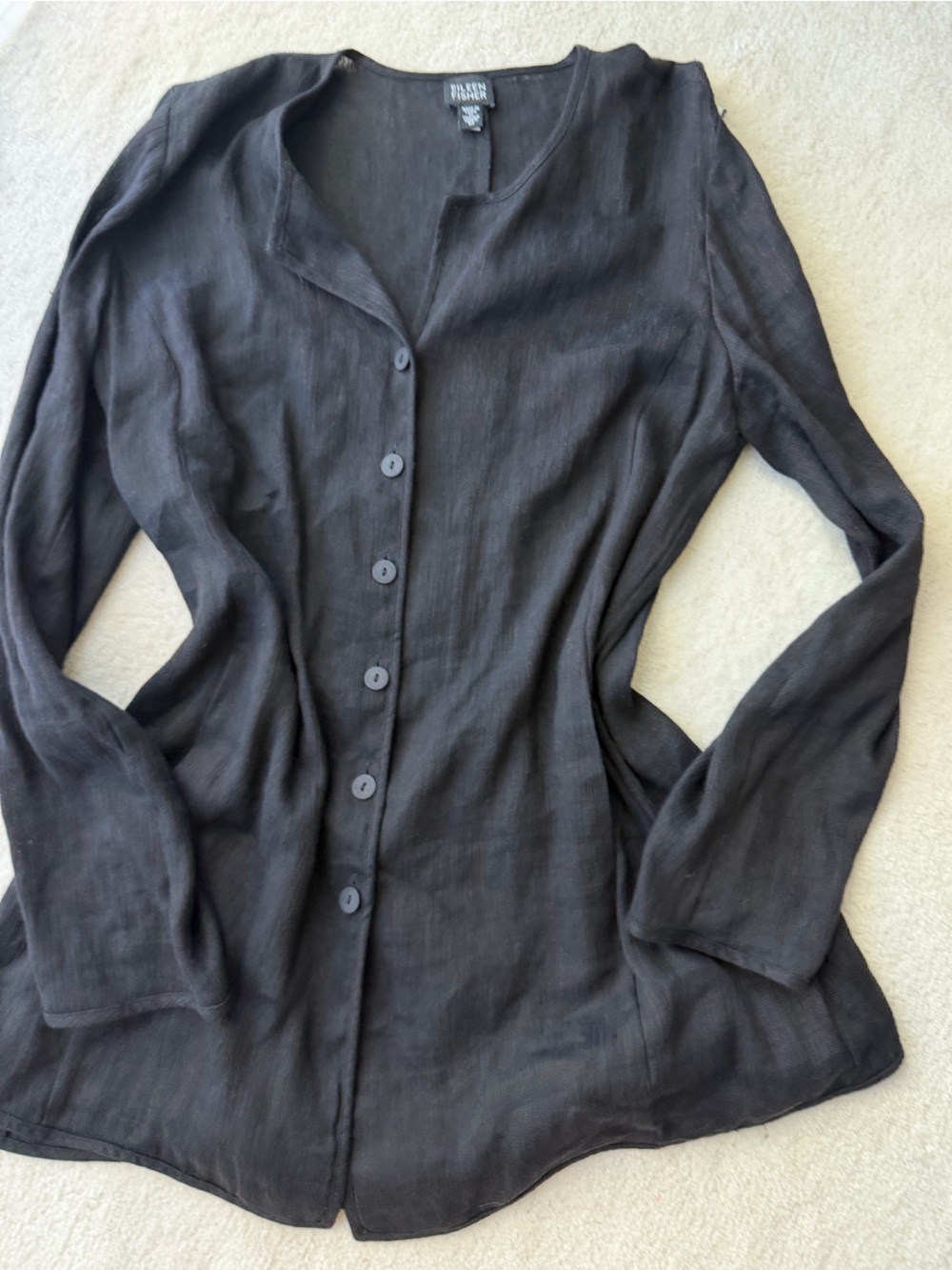 Eileen Fisher Black Linen Button-Down Long Sleeve Top Blouse